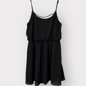 Everly | Black Mini Dress | Cami Spaghetti Strap | V Back | Gathered Waist Large